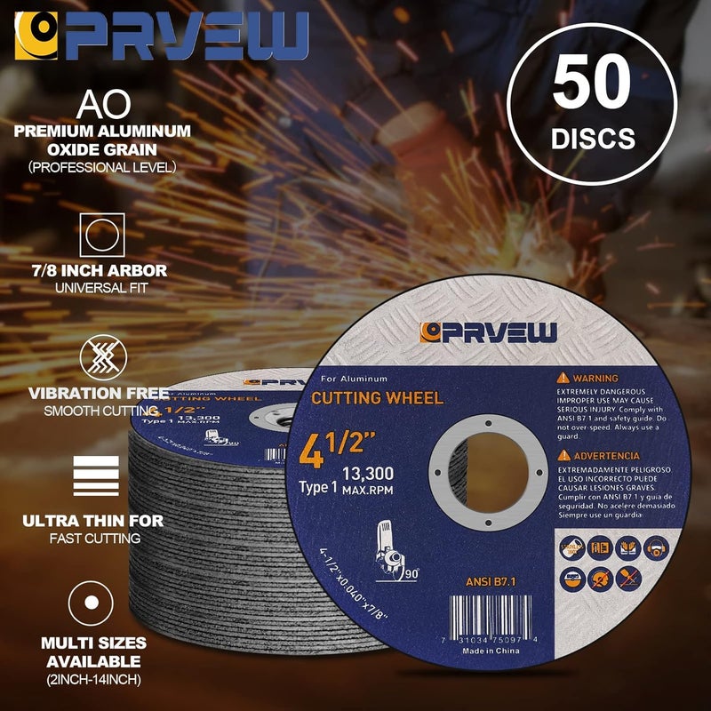 PRVEW 4 1/2 Inch Cut Off Wheels for Aluminum&Other Soft Metals,4 1/2"x0.04"x7/8" Aluminum Cutting Disc(50-Pack), Metal & Stainless Steel Aggressive Cutting Wheel for Angle Grinder - Image 3